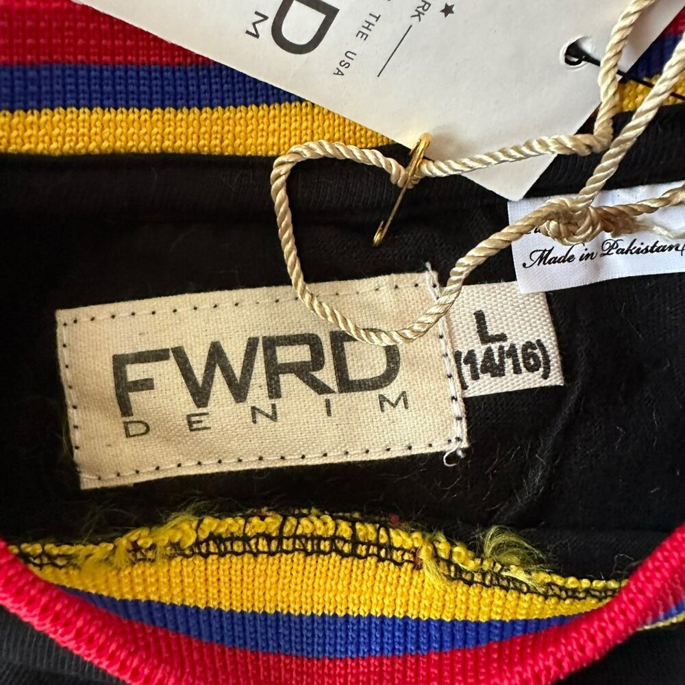 Fwrd Denim Black "Icon" Graphic T-Shirt L Colorful Trim Crew Neck Short Sleeve — image 5 of 7